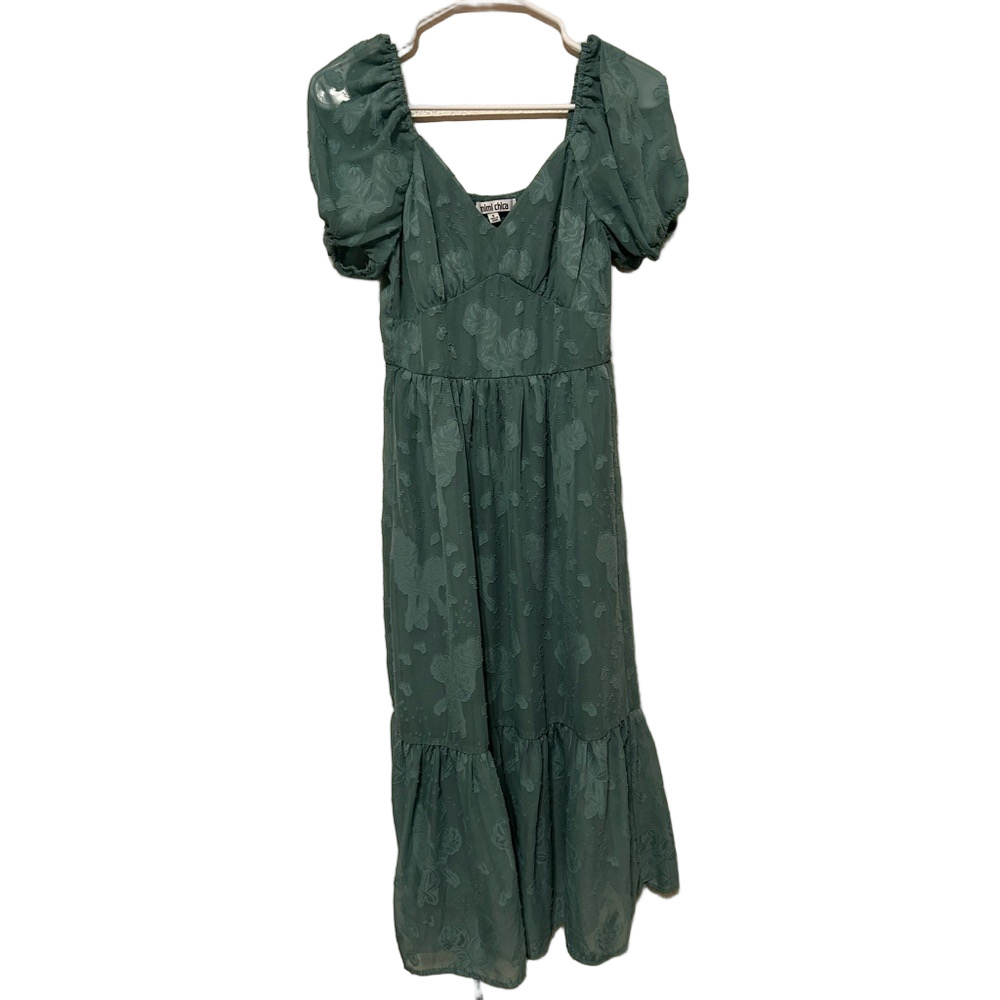 👒Mimi Chica Teal/Green  Textured Dress floral puffed sleeves size S GUC